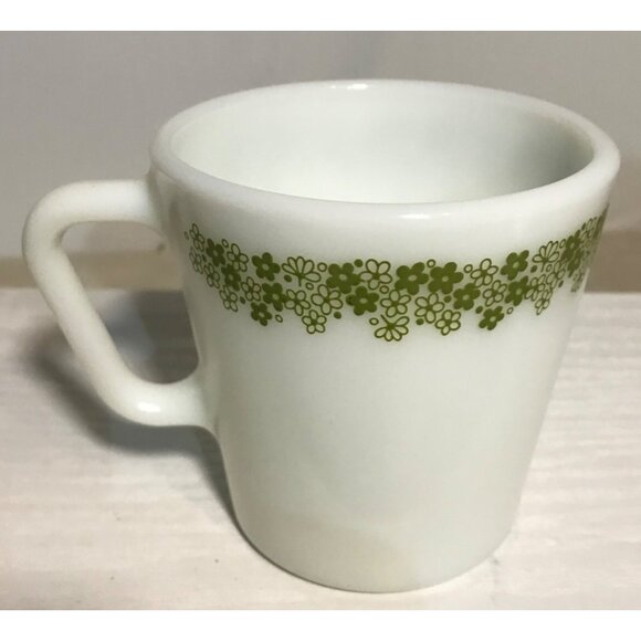 Vintage Pyrex Milk Glass Coffee Mugs Crazy Daisy Green Floral Design - Set Of 5 - Picture 5 of 9